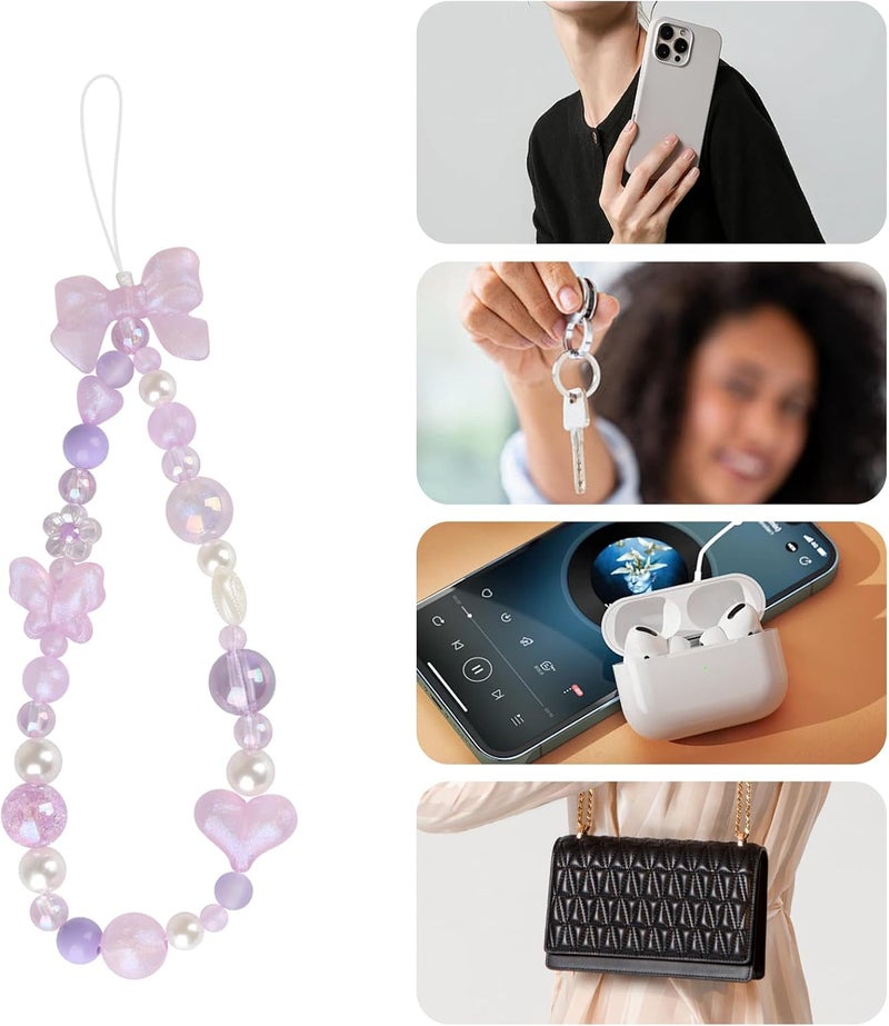 LUVI Beaded Phone Charm Lanyard Wrist Strap Love Heart Bow Beads Butterfly Chain Flower String Pearl Bling Bracelet Keychain Cute Fashion for Women - Image 5